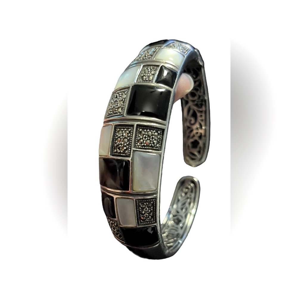 ✨Abalone, Onyx & Marcasite Hinged Bracelet - Sterling Silver✨